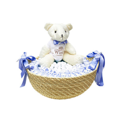 Mavi Beyaz Ayıcık Dekorlu Hasır Mavi Bebek Sepeti