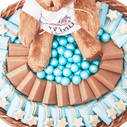 Wind Çikolata - Yıldız Ahşap Dekorlu Ayıcıklı Orta Boy Oval Mavi Hasır Bebek Sepeti (1)