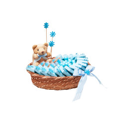Wind Çikolata - Mavi Papatya Dekorlu Ayıcıklı Oval Hasır Minik Bebek Sepeti