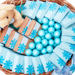 Wind Çikolata - Mavi Papatya Dekorlu Ayıcıklı Oval Hasır Minik Bebek Sepeti (1)