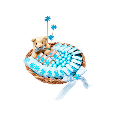 Mavi Papatya Dekorlu Ayıcıklı Oval Hasır Minik Bebek Sepeti