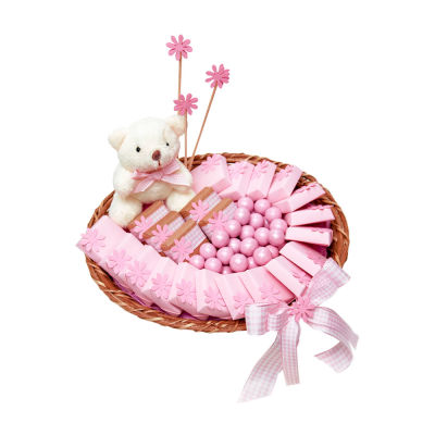 Pembe Papatya Dekorlu Ayıcıklı Oval Hasır Minik Bebek Çikolatası Sepeti